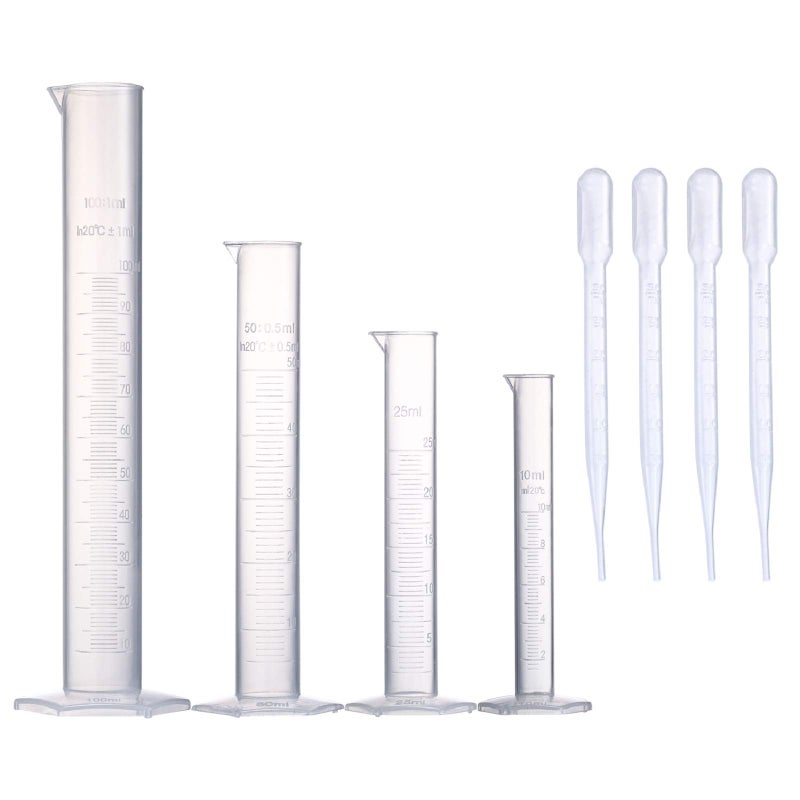 Young4us Measuring Cylinder Set, 4 Sizes Graduated Polypropylene Lab Test Tubes in 100 ml, 50 ml, 25 ml, 10 ml for Laboratory, & Science Experiments with 4 Plastic Droppers in 3 ml - Image 1